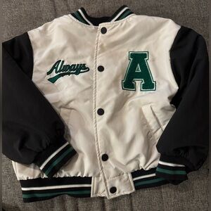 Zara Black and White Varsity Jacket with Green Lettering
